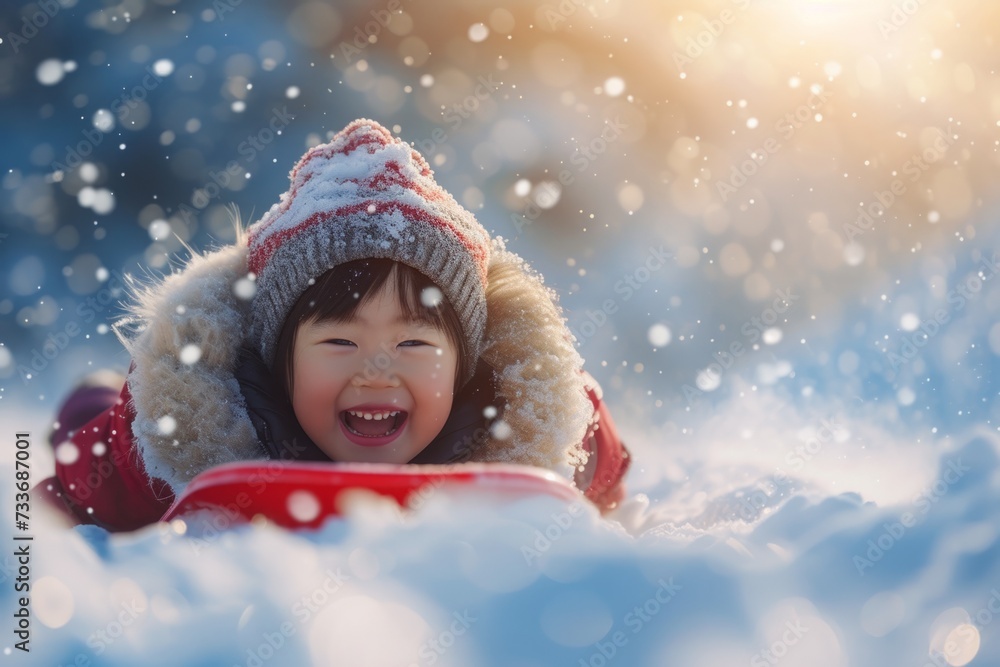 Enthusiastic Asian Child Experiencing Thrill Of Sledding In Picturesque Winter Landscape Enthusiastic Asian Child Experiencing Thrill Of Sledding In Picturesque Winter Landscape