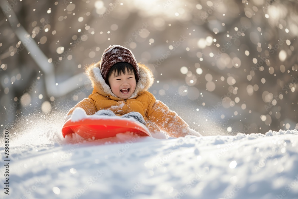 Joyful Asian Child Sledding Down Snowy Hill, Set Amidst Winter Wonderland