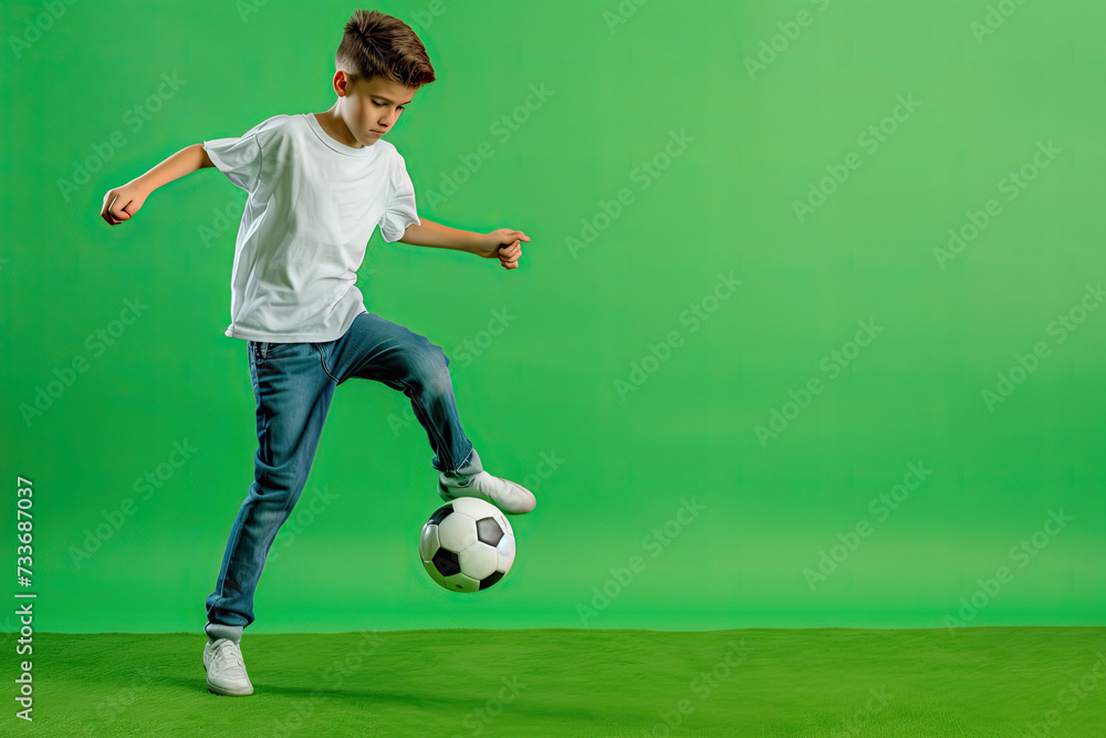 Little boy playing with a soccer ball on green background. Little boy playing with a soccer ball on green background.