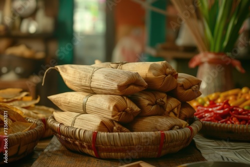 Prehispanic mexican dish Tamales. Corn dough wrapped in corn leaves