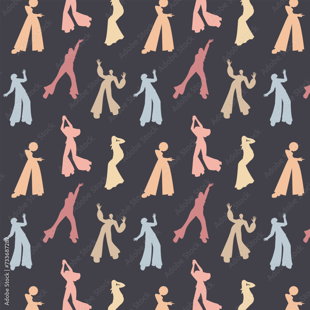Seamless pattern Dancing 70s style Silhouettes of different dancing poses Vector illustration Isolated on black background