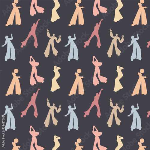 Seamless pattern Dancing 70s style Silhouettes of different dancing poses Vector illustration Isolated on black background