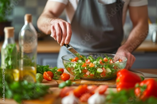 Man Making Healthy Salad In Modern Home Kitchen