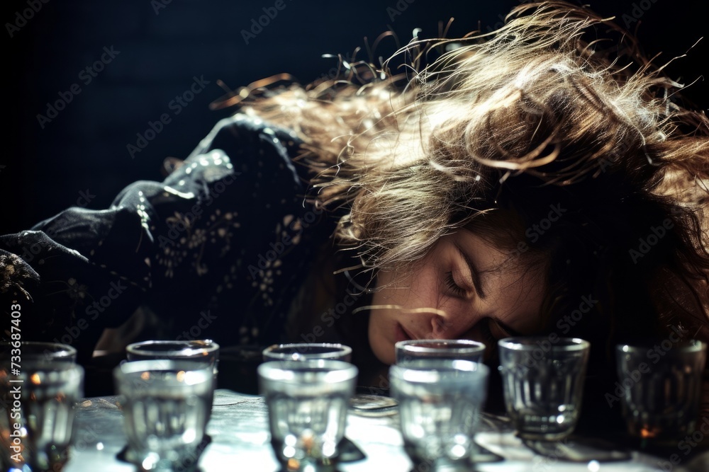 Messyhaired Drunk Girl Slumped Over Table, Surrounded By Empty Shot Glasses Messyhaired Drunk Girl Slumped Over Table, Surrounded By Empty Shot Glasses