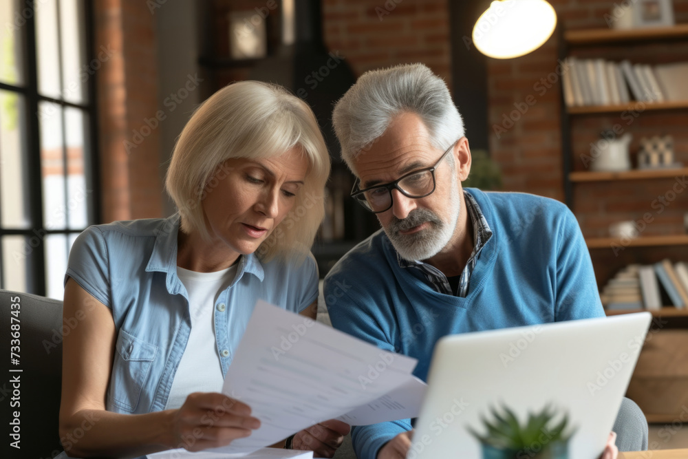 Middleaged Couple Anxiously Reviewing Paperwork For Mortgage And Insurance Contracts At Home