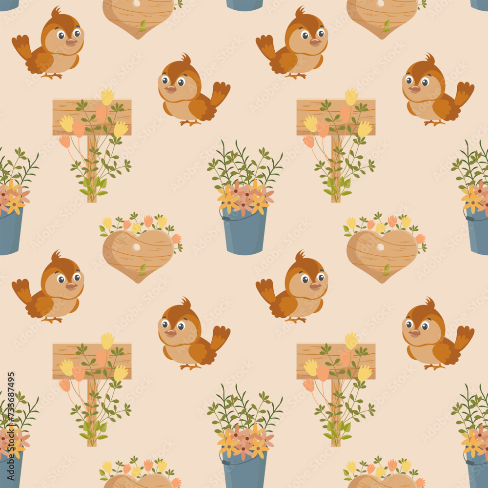 Obraz premium Seamless spring pattern, cute birds, birdhouses, buckets of flowers on a light background. Background, baby wallpaper, textile, vector