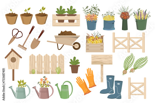 Garden set, garden wheelbarrow, shovel, rake, boots, gloves, watering cans, birdhouse, wooden signs, plants and fences. Icons, spring illustration, vector