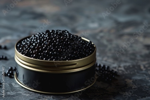 Elegant Metal Tin Brimming With Exquisite Black Caviar, Radiating A Chic And Refined Aura photo