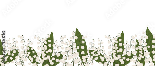 Seamless border, spring flowers lilies of the valley. Spring background with copy space. Illustration, template, print, vector