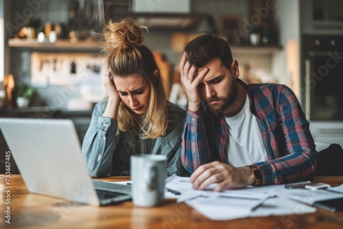 Mid Adult Couple Stressed About Mortgage Loan Insurance Contract Terms At Home