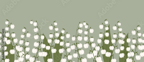 Seamless border, spring flowers lilies of the valley. Spring background with copy space. Illustration, template, print, vector