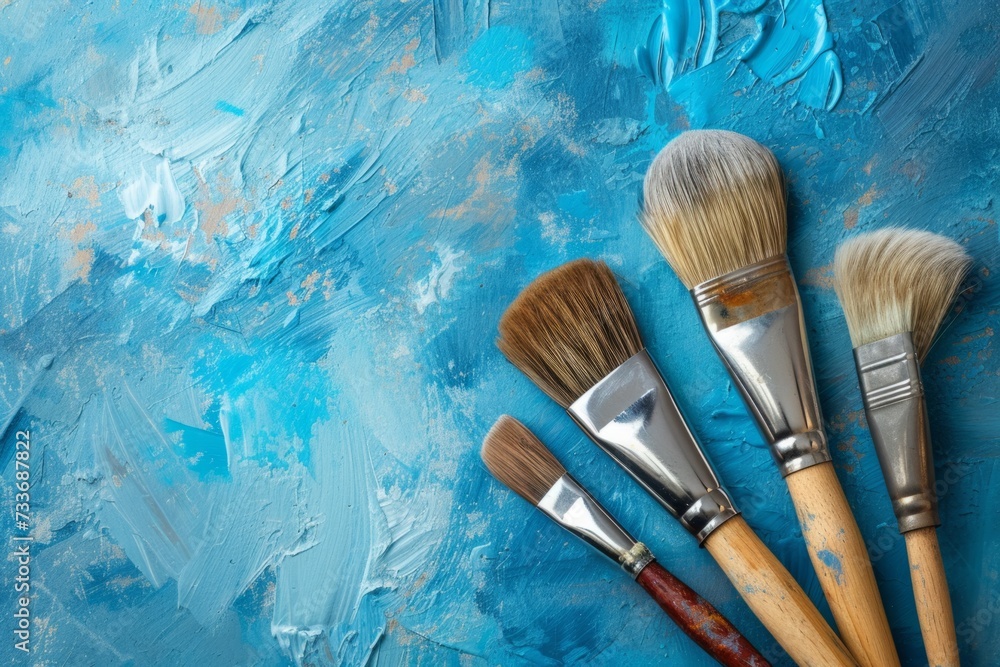 Fototapeta premium Paintbrushes On Blue Grunge Background With Copy Space For Artistic Expression
