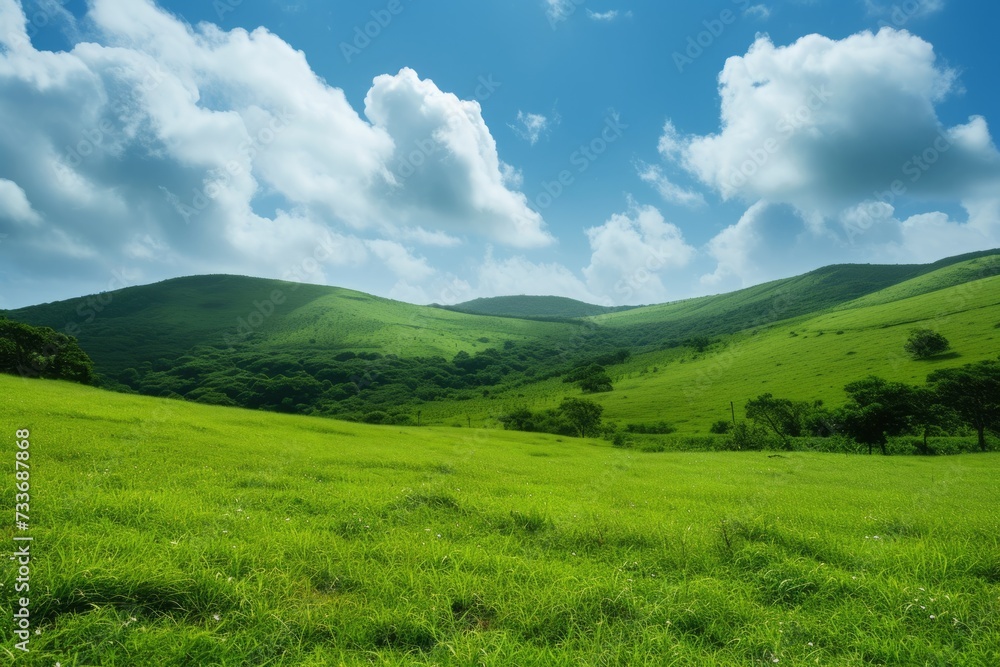 Tranquil Countryside Landscape Featuring Verdant Hills, Clear Blue Sky, And Calming Atmosphere