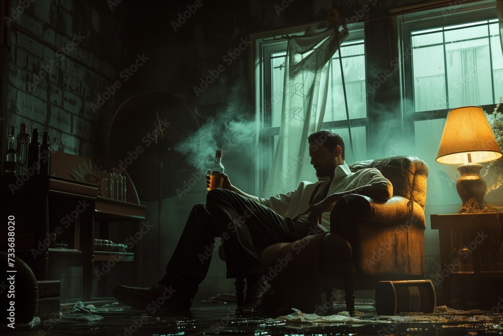 Regretful Guy Slumped In Chair, Holding Bottle Of Whiskey In Dimly Lit Room Regretful Guy Slumped In Chair, Holding Bottle Of Whiskey In Dimly Lit Room