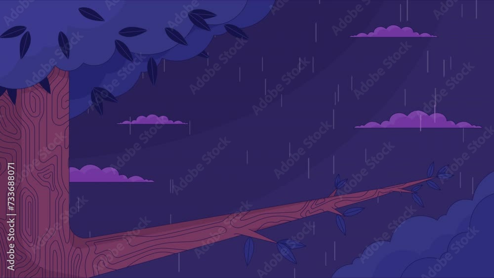 Oak tree branch on rain forest night cartoon animation. Autumn nighttime rainy weather 4K video motion graphic. Woodland rainfall 2D animated background full frame, after hours lofi live wallpaper