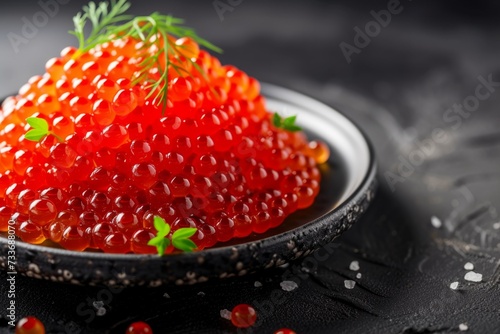 Elegant Culinary Presentation: Black Plate With Red Caviar Garnish