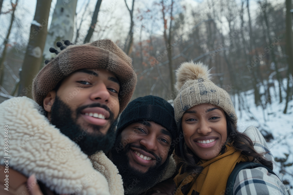 friends having fun taking and selfie together outdoors in winter In forest