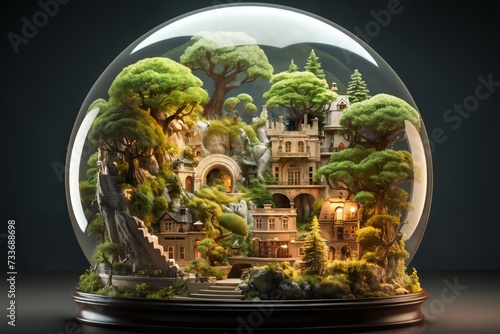 a glass sphere with a microcosm inside, a small fabulous palace between trees photo