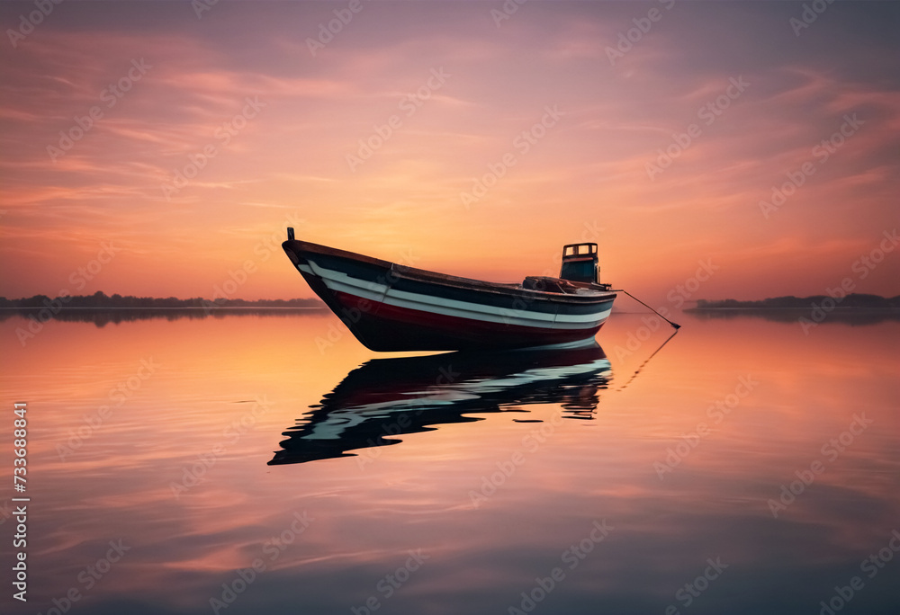 Momento di Pace- Barca Sospesa in un'Acqua Riflettente e Calma al Tramonto, Immagine di Alta Qualità