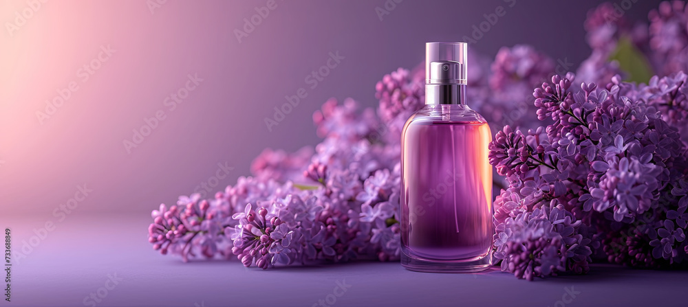Perfune with the aroma of lilac on the purple background Perfune with the aroma of lilac on the purple background