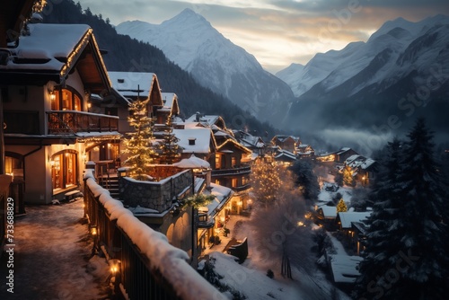 village street in winter season decorated for Christmas or New Year holiday, beautiful view of exteriors of houses , snow, sunset, street lights, festive environment