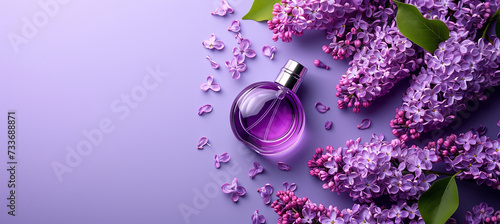 Perfune with the aroma of lilac  on the purple background photo