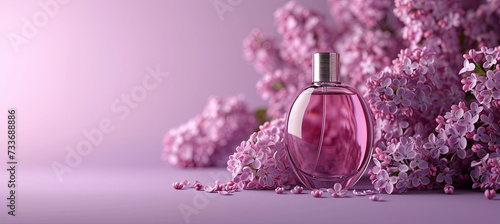 Perfune with the aroma of lilac  on the purple background photo