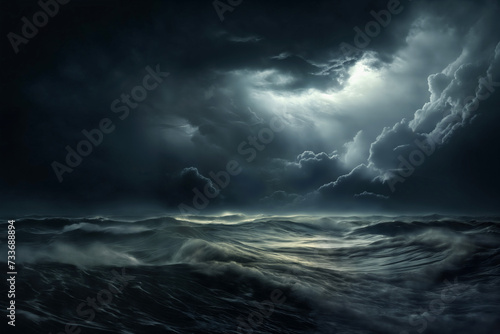 dark dramatic stormy sky with lightning and cumulus clouds over stormy sea with waves for abstract background