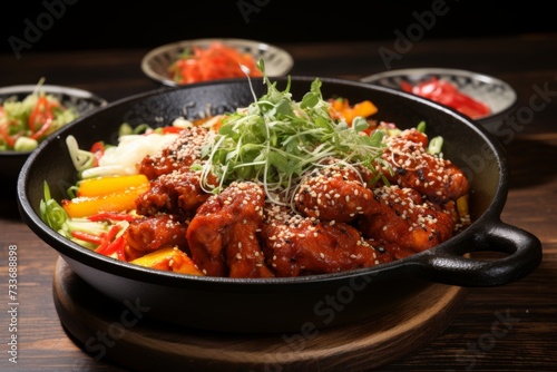 Delicious and appetizing dakgalbi. traditional south korean spicy stir-fried chicken dish