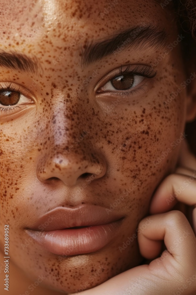 Beauty, portrait and natural face of black woman with healthy freckle skin texture touch. Aesthetic, facial and skincare cosmetic model girl touching cheeks for self love and wellness. Beauty, portrait and natural face of black woman with healthy freckle skin texture touch. Aesthetic, facial and skincare cosmetic model girl touching cheeks for self love and wellness.