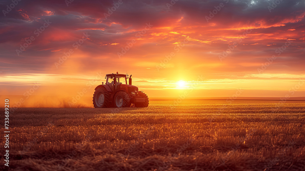 Fototapeta premium tractor is working in the meadow on sunrise 