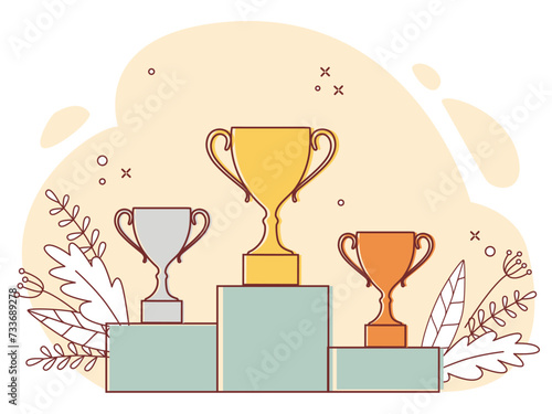 Winners podium with cups. Prizes for the Champions. Gold, silver and bronze cups. Vector illustration