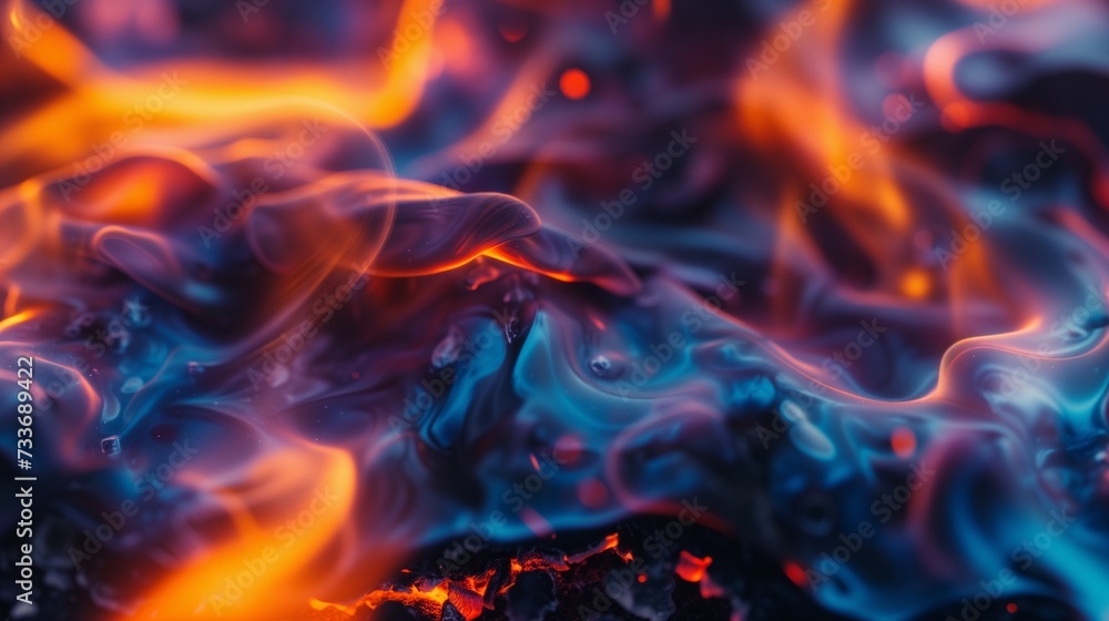Dynamic close-up of fiery interplay with vibrant orange and red flames swirling through cool blue and purple smoke. Dynamic close-up of fiery interplay with vibrant orange and red flames swirling through cool blue and purple smoke.