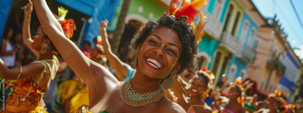 Exuberant Frevo dancer with a radiant smile, adorned in a colorful costume, celebrates amid the vibrant energy of a street carnival in Recife.