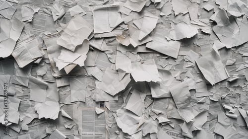 Assorted torn pieces of paper and newspaper clippings scattered in a disordered fashion, creating a textured monochromatic backdrop. photo