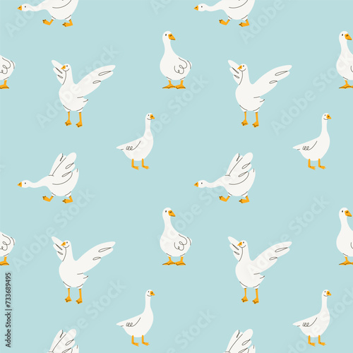 Fototapeta Naklejka Na Ścianę i Meble -  Cute goose seamless pattern. Adorable farm birds. Decor baby textile, wrapping paper, wallpaper design. Childish print for fabric vector cartoon flat isolated illustration