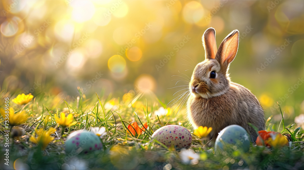 easter rabbit with colofful eggs on the green grass and flowers background easter rabbit with colofful eggs on the green grass and flowers background