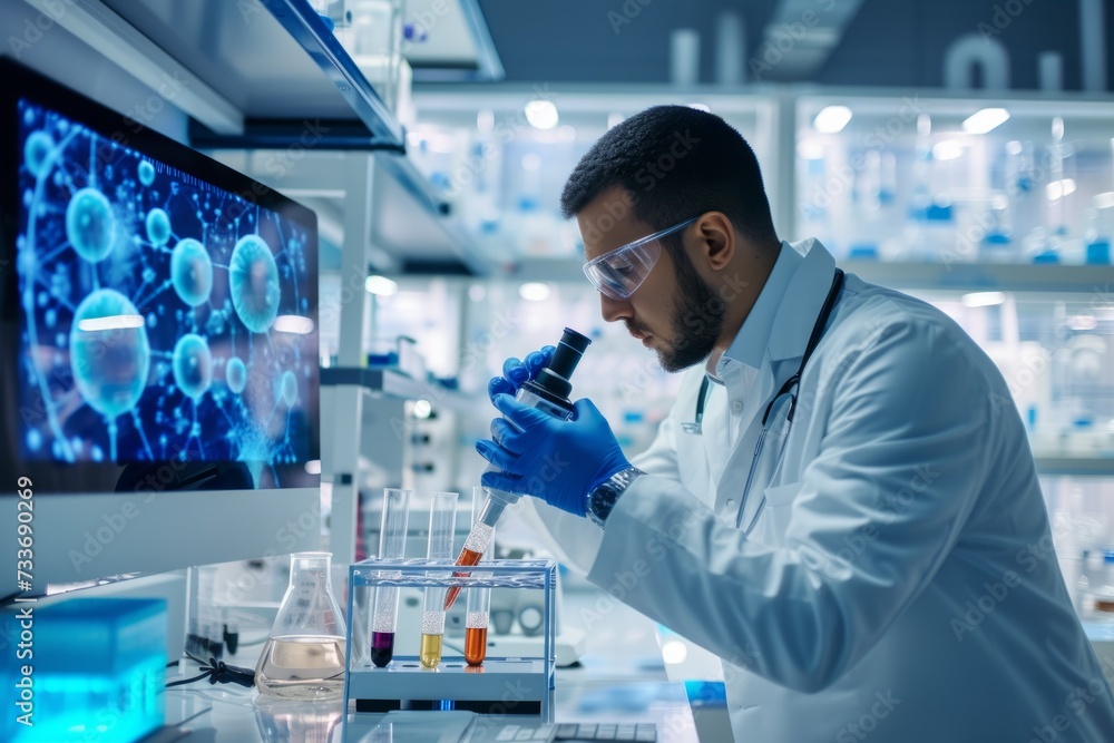 Scientist Conducting Medical Research Analysis In Hightech Biotech Laboratory Scientist Conducting Medical Research Analysis In Hightech Biotech Laboratory