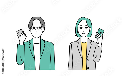 笑顔でスマートフォンをもつビジネスパーソンのイラスト