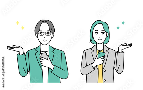 笑顔でスマートフォンをもつビジネスパーソンのイラスト