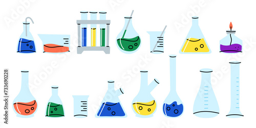 Laboratory glassware. Chemical reagents in glass bottles and rest tubes and flasks. Medical lab equipment. Scientific research tools. Doodle drawing. Vector cartoon flat isolated illustration