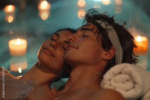 Couple in love enjoys a romantic spa experience with champagne and ambient candle lighting