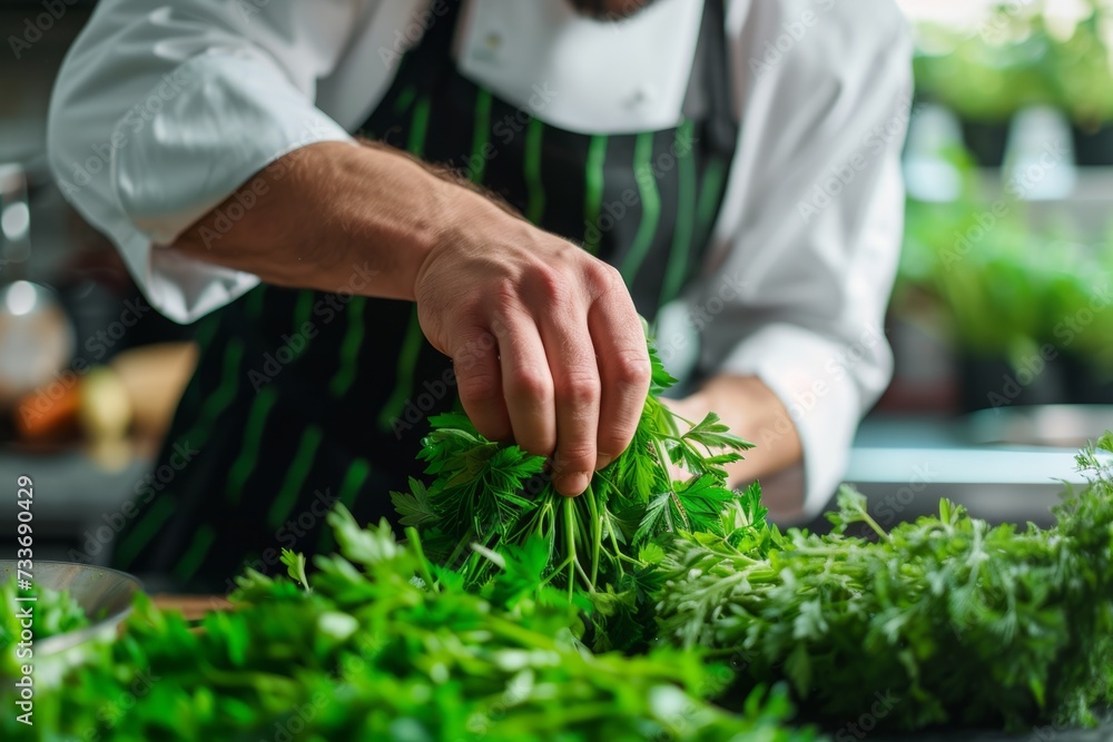 Masterful Chef Showcasing Culinary Brilliance: Spectacular Parsley Preparation Emphasizes Freshness And Skill Masterful Chef Showcasing Culinary Brilliance: Spectacular Parsley Preparation Emphasizes Freshness And Skill