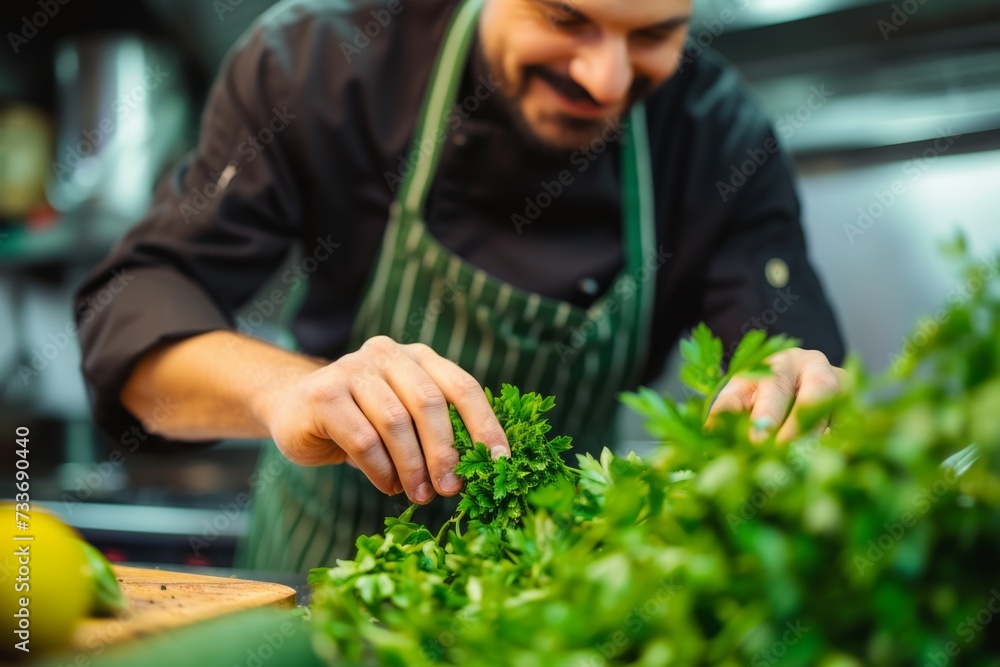 Skilled Chef Expertly Preparing Vibrant Parsley, Celebrating Culinary Mastery And Fresh Produce