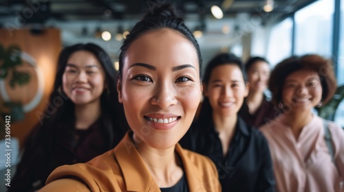 Diversity, portrait selfie and business women teamwork, global success or group empowerment in office leadership. Social media career of asian, black woman and senior people or staff profile picture