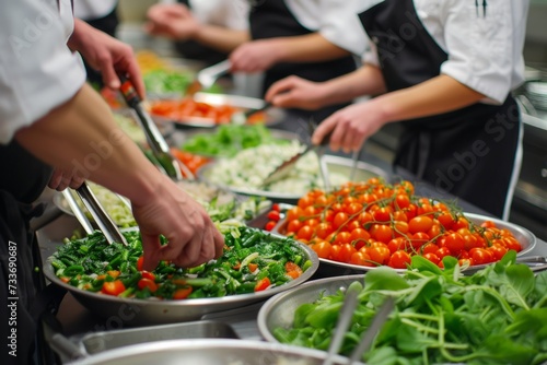 Talented Chefs Assembling Exquisite Salads In Bustling Professional Kitchen