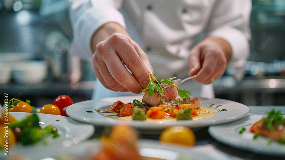 A chef in a white uniform carefully adding a final garnish to an elegantly plated meal in a high-end restaurant kitchen.