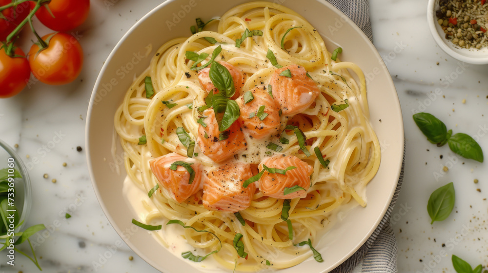 Top view of creamy linguine pasta topped with chunks of salmon and garnished with fresh basil leaves on a marble background. Top view of creamy linguine pasta topped with chunks of salmon and garnished with fresh basil leaves on a marble background.