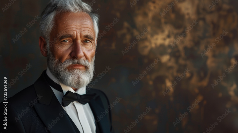 Portrait of a distinguished senior man with a well-groomed beard, wearing a tuxedo and bow tie, embodying sophistication and wisdom. Portrait of a distinguished senior man with a well-groomed beard, wearing a tuxedo and bow tie, embodying sophistication and wisdom.