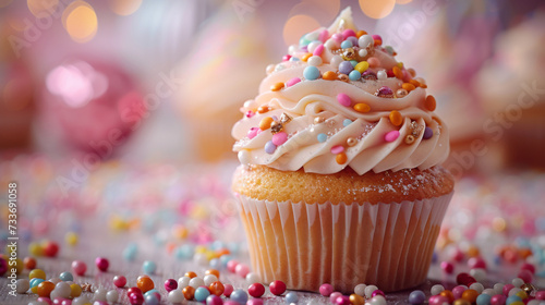 Close-up of a delightful vanilla cupcake topped with creamy frosting and a variety of colorful sprinkles, on a festive background.
